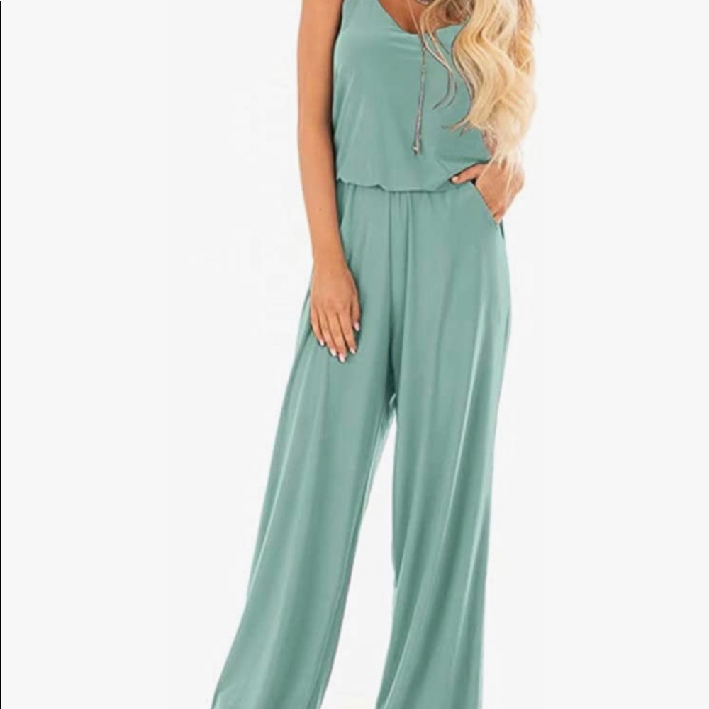 Womens Casual Loose Sleeveless Spaghetti Strap Wide Leg Pants Jumpsuit Rompers